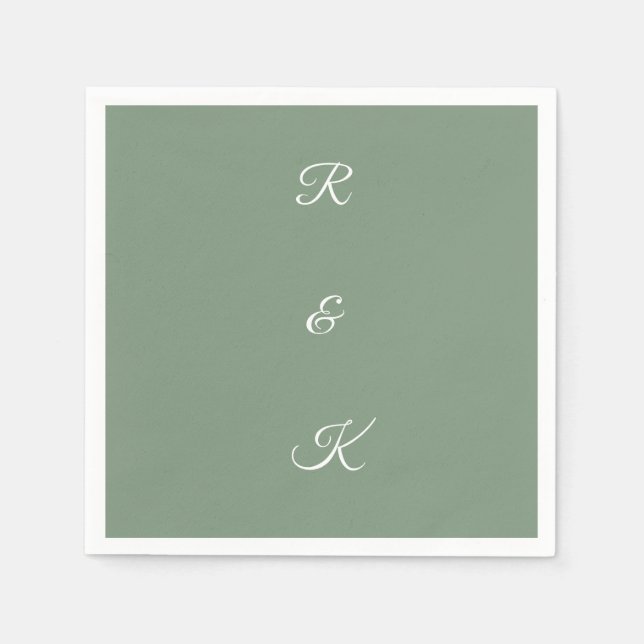Serviette En Papier Lettres Monogrammes Vert Sage Blanc Mariage Élégan (Devant)