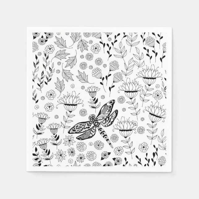 Serviette En Papier libellule et fleurs (Devant)