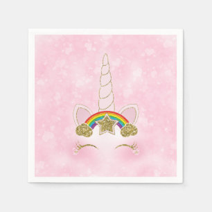 Serviette En Papier Licorne à corne visage étoile arc-en-ciel or cœurs