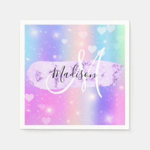 Serviette En Papier Licorne Arc-en-Ciel Cœurs Monogramme Coloré Fémini