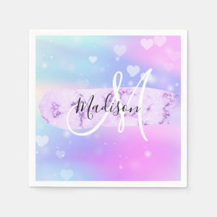 Serviette En Papier Licorne Arc-en-Ciel Cœurs Monogramme Féminin Color