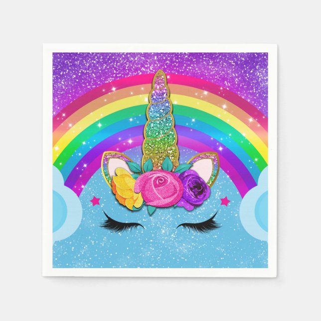 Serviette En Papier Licorne Arc-en-Ciel Pailletée Couronne de Fête (Devant)