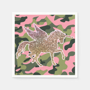 Serviette En Papier Licorne Camouflage Vert Rose & Paillettes Dorées