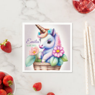 Serviette En Papier Licorne dans un panier - motif enfant aquarelle