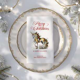 Serviette En Papier Licorne de Noël blanche et or