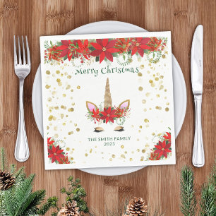 Serviette En Papier Licorne de Noël Poinsettia avec fête de police ver