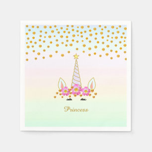 Serviette En Papier Licorne, Fleurs & Confettis Dorés