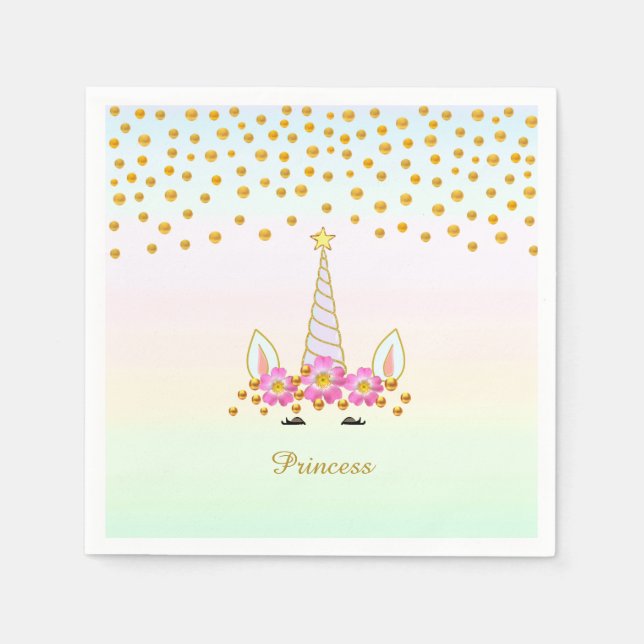Serviette En Papier Licorne, Fleurs & Confettis Dorés (Devant)