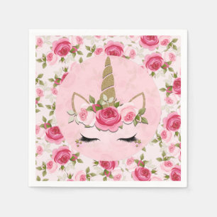 Serviette En Papier Licorne Or Fleurs Roses Fête d'Anniversaire
