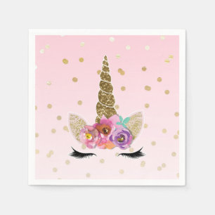 Serviette En Papier Licorne Rose et Or Fête d'anniversaire Couronne Fl