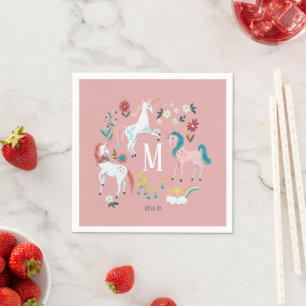 Serviette En Papier Licorne Rose Monogramme Fête d'anniversaire Filles