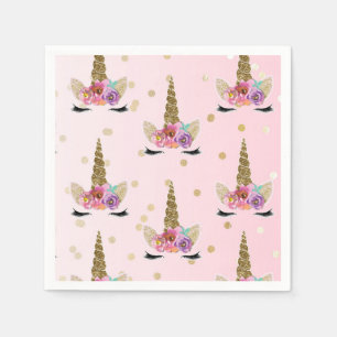 Serviette En Papier Licorne Rose & Or Couronne Florale Fête d'Annivers