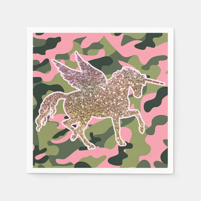 Serviette En Papier Licorne Rose Verte Camo Camouflage & Paillettes D' (Devant)