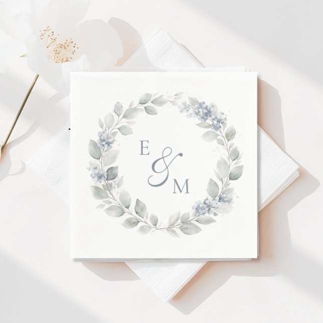 Serviette En Papier Light Blue Floral Wreath Wedding Napkin (Créateur téléchargé)