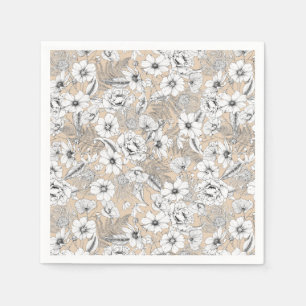 Serviette En Papier Ligne florale botanique tirant fougères tan beige
