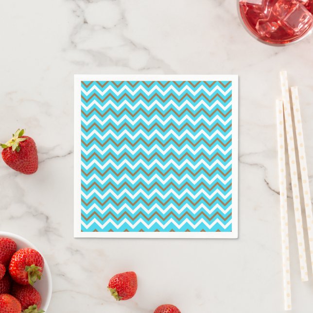 Serviette En Papier Lignes géométriques bleues marron blanches en zig  (En situation)