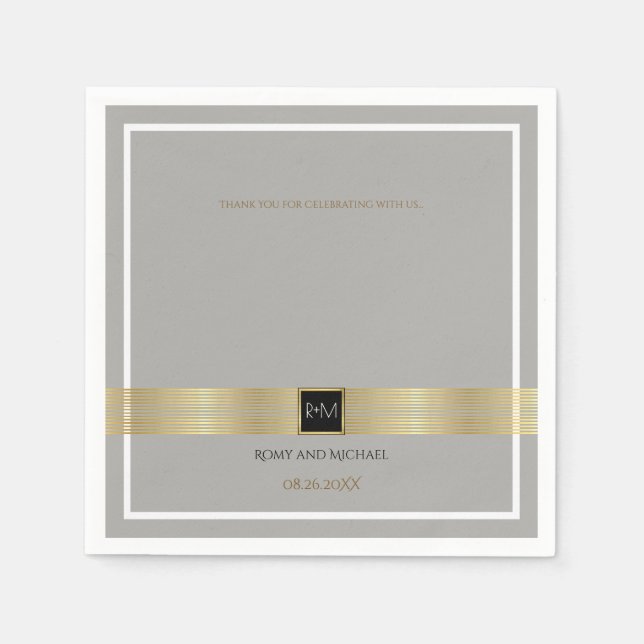 Serviette En Papier lignes or chic et classe sur monogramme mariage gr (Devant)