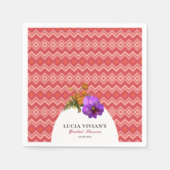 Serviette En Papier Lignes Rétro Floral Fuchsia Magenta Mariage (Devant)