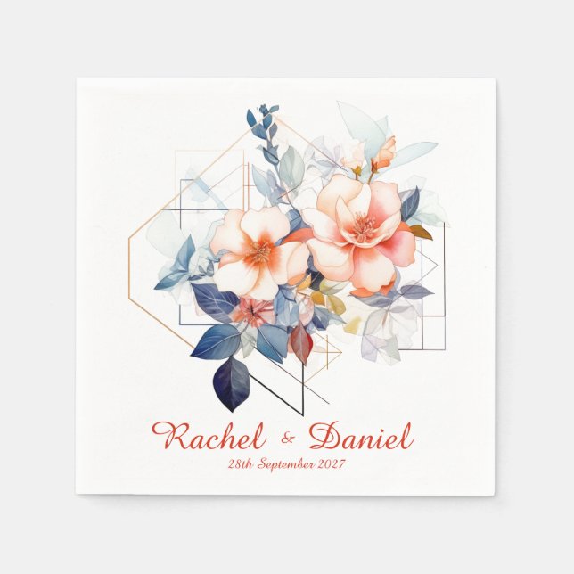 Serviette En Papier Lignes rouges et fleurs : Serviettes de mariage (Devant)