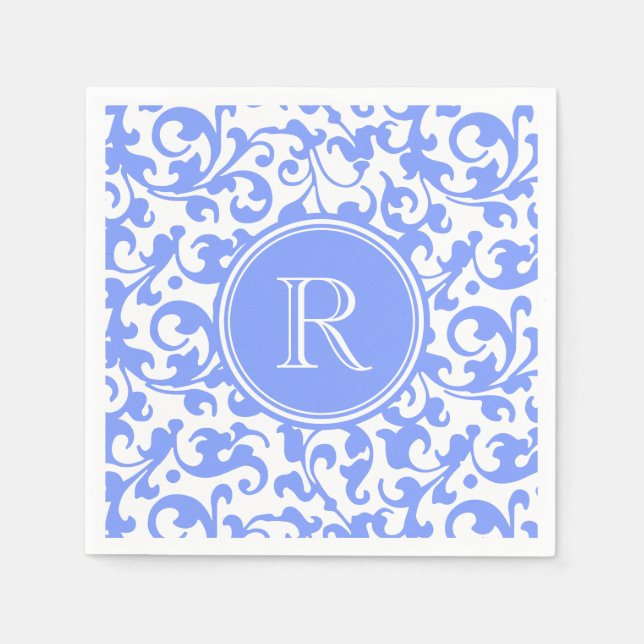 Serviette En Papier Lilac Bleu Élégant Flacons Damas Monogrammes (Devant)