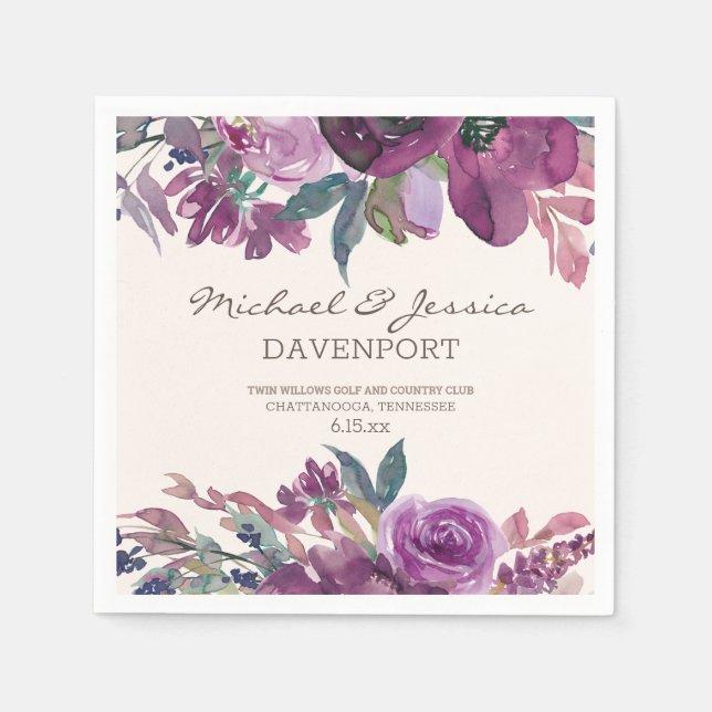 Serviette En Papier Lilac Plum Purple Aquarelle Florale Mariage (Devant)