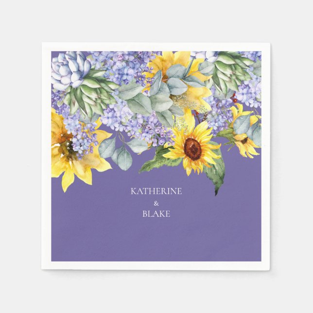 Serviette En Papier Lilac & Sunflower Mariage Nom de couple (Devant)