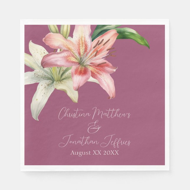 Serviette En Papier Lilies roses et blanches romantiques sur fuchsia (Devant)