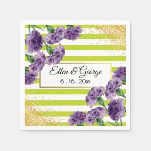 Serviette En Papier Lime Green Stripes Purple Carnations Gold Confetti