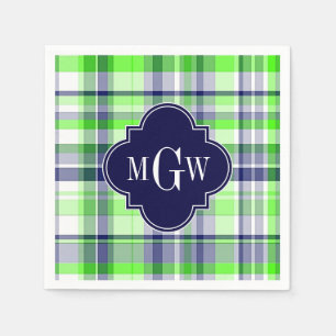 Serviette En Papier Lime, Marine, What Preppy Madras Quatrefoil Monogr
