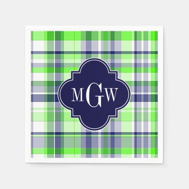 Serviette En Papier Lime, Marine, What Preppy Madras Quatrefoil Monogr (Devant)