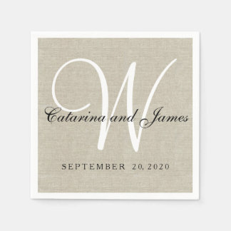 Serviette En Papier Lin Beige Rustique Monogramme Papier Mariage servi