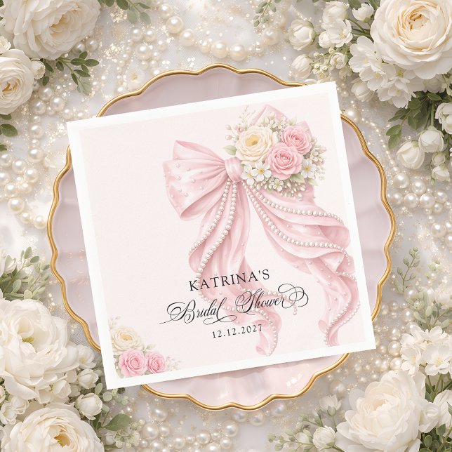 Serviette En Papier Linge de mariage élégant rose blush à ruban (Créateur téléchargé)
