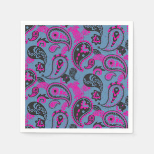 Serviette En Papier Linocut Paisley Traditionnel Vivid Rose Dusky Bleu