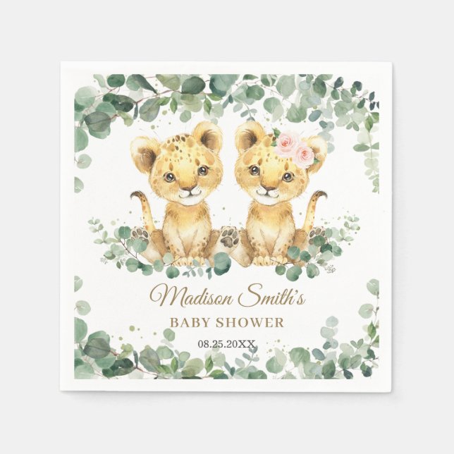 Serviette En Papier Lion Cubs Greenery Twin Boy Girl Baby Shower  (Devant)