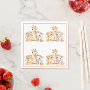 Serviette En Papier Lion Éléphant Girafe Rose Pâle Pastel Enfants