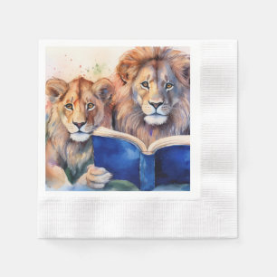 Serviette En Papier Lion et lionceau sobres lisant un grand livre