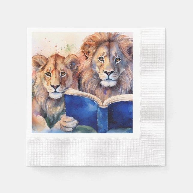 Serviette En Papier Lion et lionceau sobres lisant un grand livre (Devant)