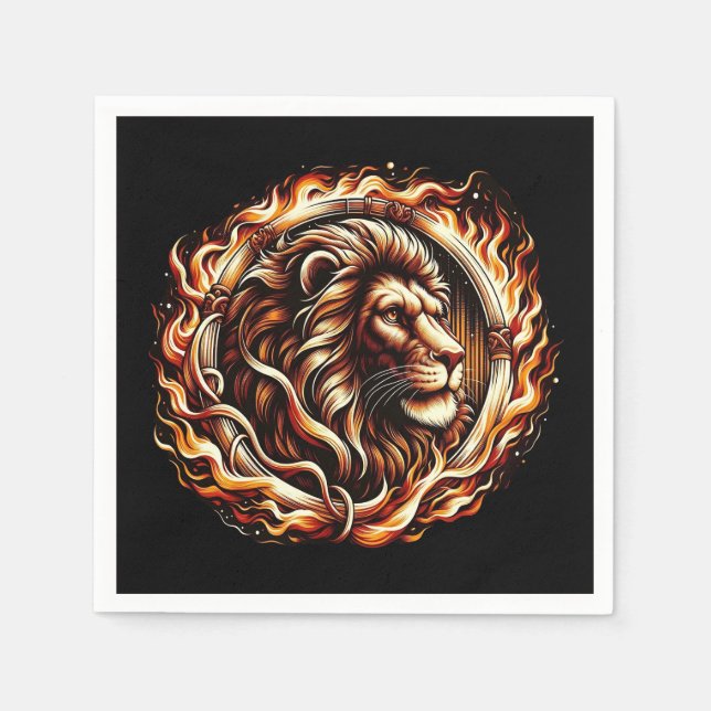 Serviette En Papier Lion Flamboyant dans un Anneau de Flammes de Feu A (Devant)
