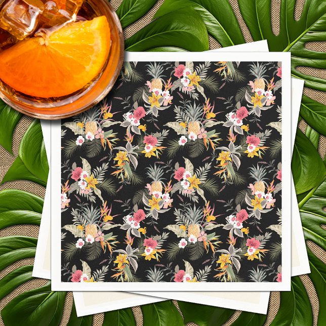 Serviette En Papier Liquide d'hibiscus d'ananas tropical sur noir (Tropical Pineapple Hibiscus Foliage on Black Napkins)