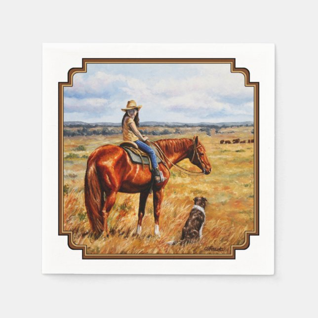 Serviette En Papier Little Cowgirl on Cattle Horse (Devant)