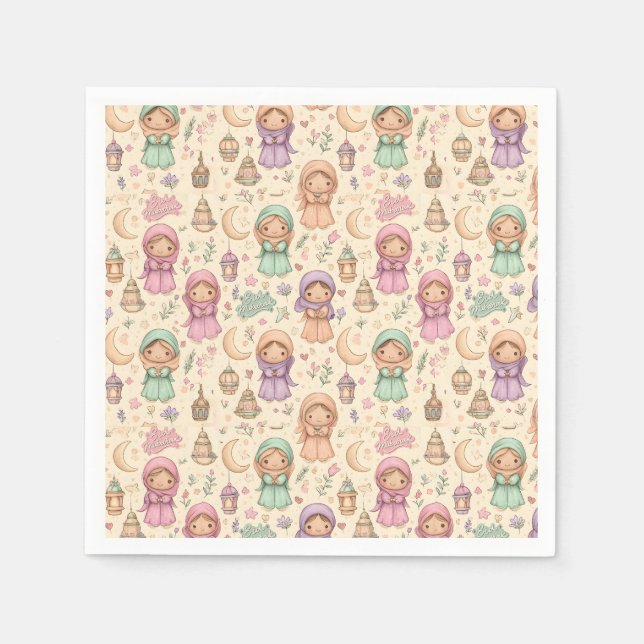 Serviette En Papier Little Girls Colourful Eid Mubarak Napkins (Devant)