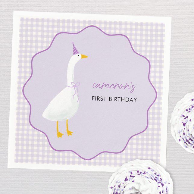 Serviette En Papier Little Goose En vichy premier anniversaire (Personalized Little Goose lilac gingham first birthday party paper napkins)