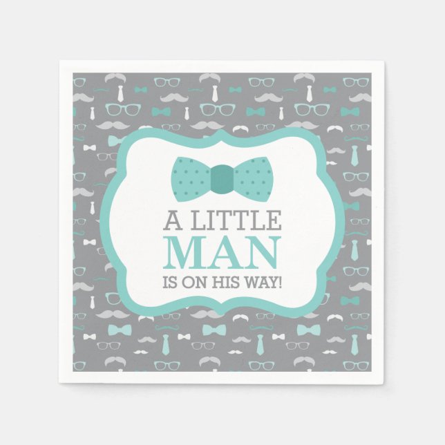 Serviette En Papier Little Man Napkin, Turquoise et Grey (Devant)