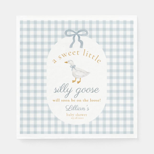 Serviette En Papier Little Silly Goose Bow Baby Shower Blue Gingham  (Devant)
