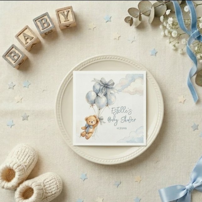 Serviette En Papier Little Teddy Bear Blue Balloons Clouds Baby Boy (Créateur téléchargé)