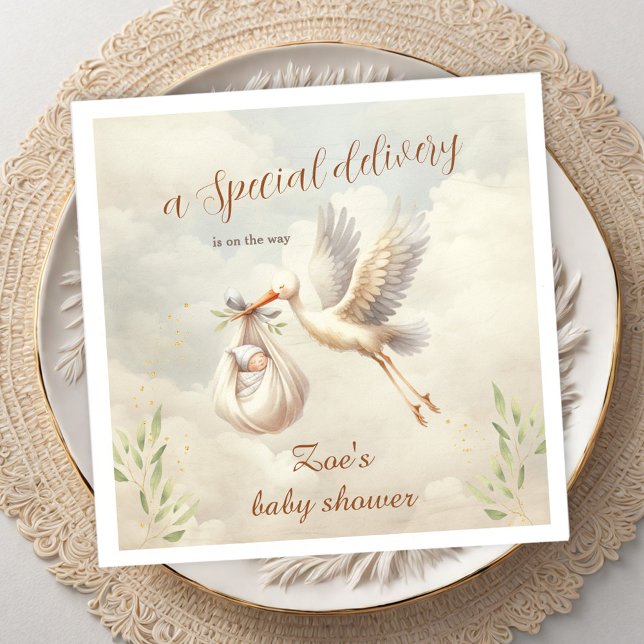 Serviette En Papier Livraison spéciale Baby shower de cigogne neutre p (Special Delivery Gender Neutral Stork Baby Shower Napkins)