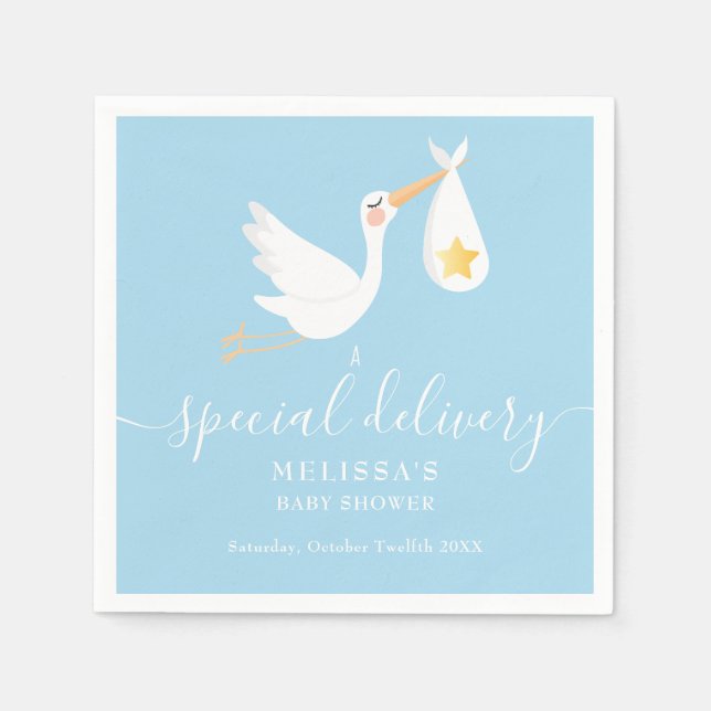 Serviette En Papier Livraison spéciale Cigogne Gold Star Bleu Baby Sho (Devant)