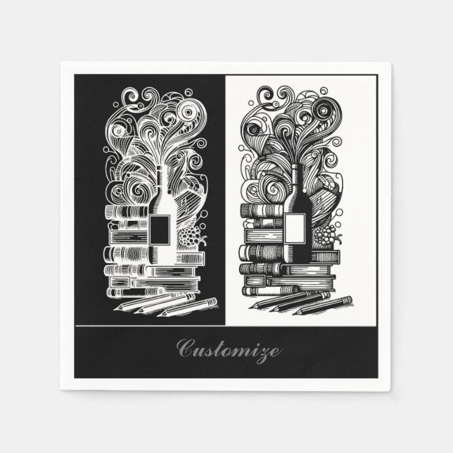 Serviette En Papier Livres Et Vins Noirs Et Blancs (Devant)