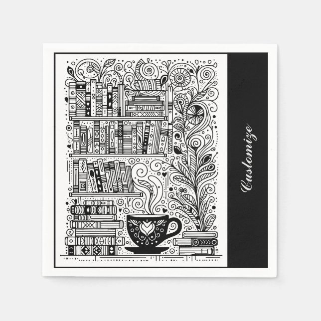 Serviette En Papier Livres Noir Et Blanc Doodle (Devant)
