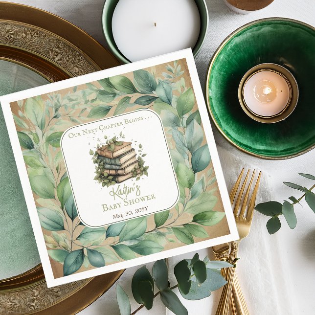 Serviette En Papier Livres Notre prochain chapitre commence le Baby sh (Rustic Vintage Look Elegance "Our Next Chapter Begins . . ." Books and Leaves Baby Shower Napkins)